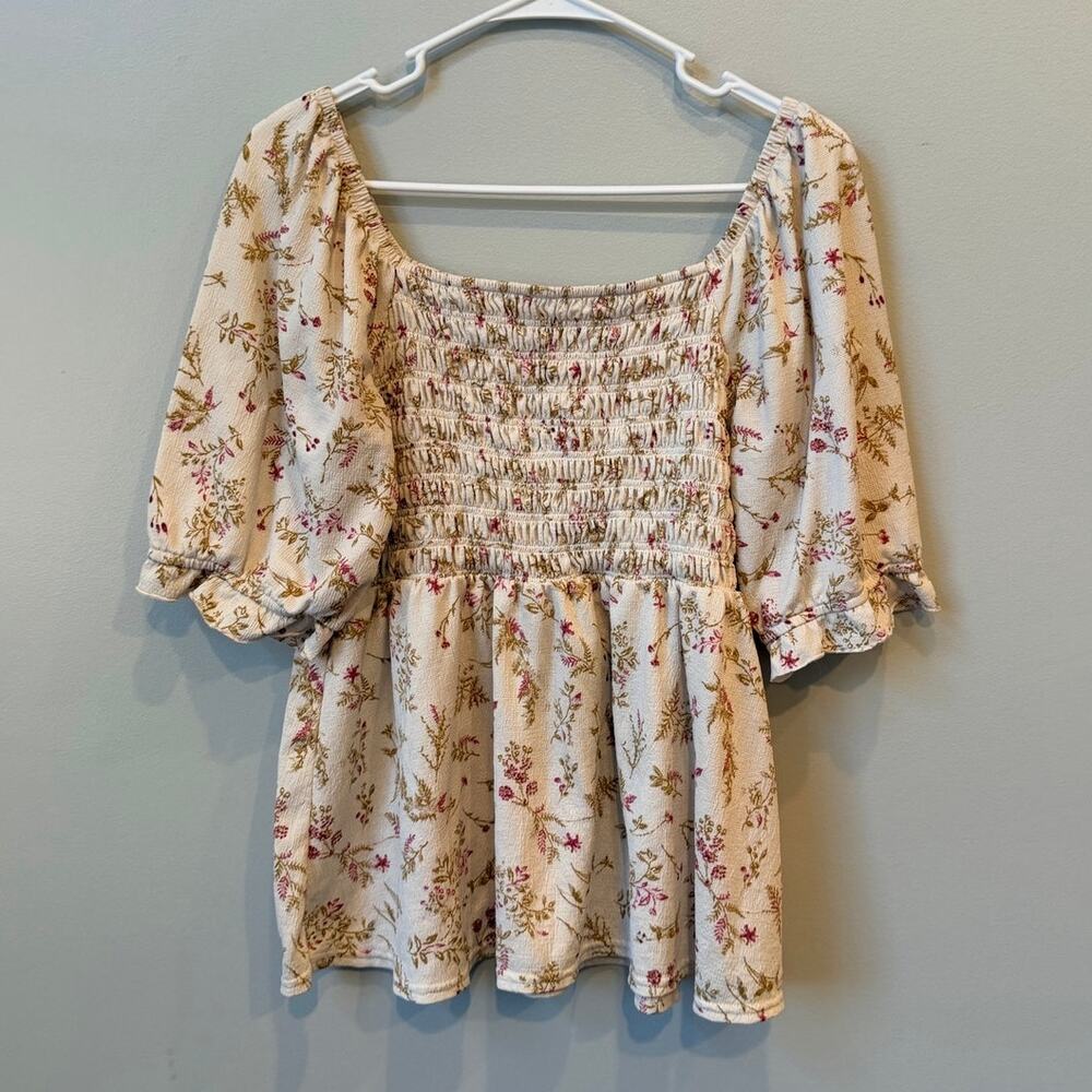 Melloday Floral Smocked Peplum Blouse Puff Sleeve Square Neck Top Size Medium